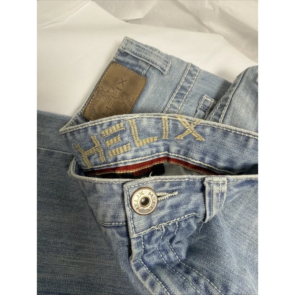 Helix‎ Mens Jeans 36x34 Boot Cut Medium Wash whiskered Stylish Fray 5 Pocket